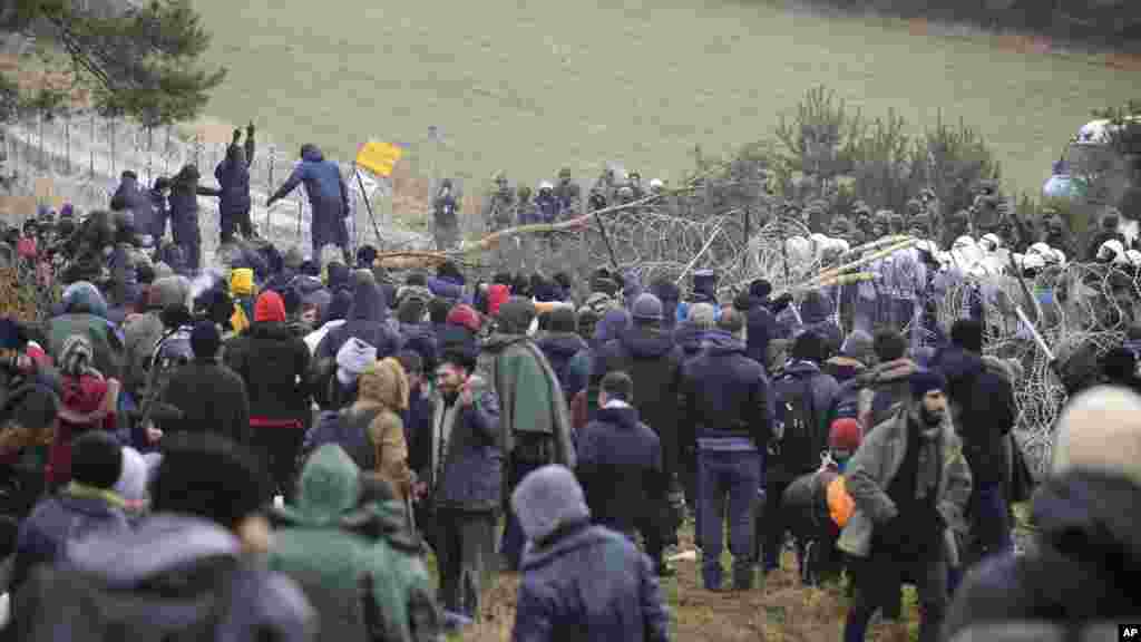 Мигранты попытались прорвать забор из колючей проволоки, который Польша построила на границе с Беларусью в последние месяцы