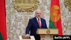 Belarusian President Alyaksandr Lukashenka takes the oath of office as president of Belarus during a swearing-in ceremony in Minsk on September 23, 2020. 